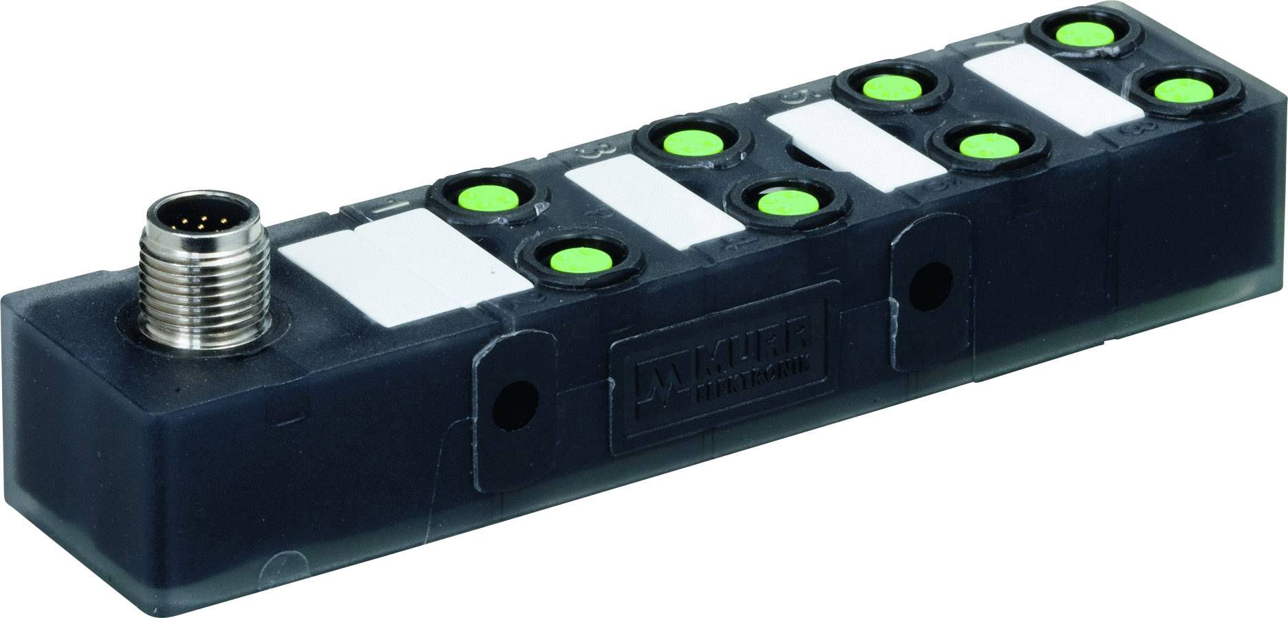 Ein rechteckiger Verteilerblock mit mehreren grünen LED-Anzeigen und einem Metallanschluss auf der linken Seite für industrielle Anwendungen.