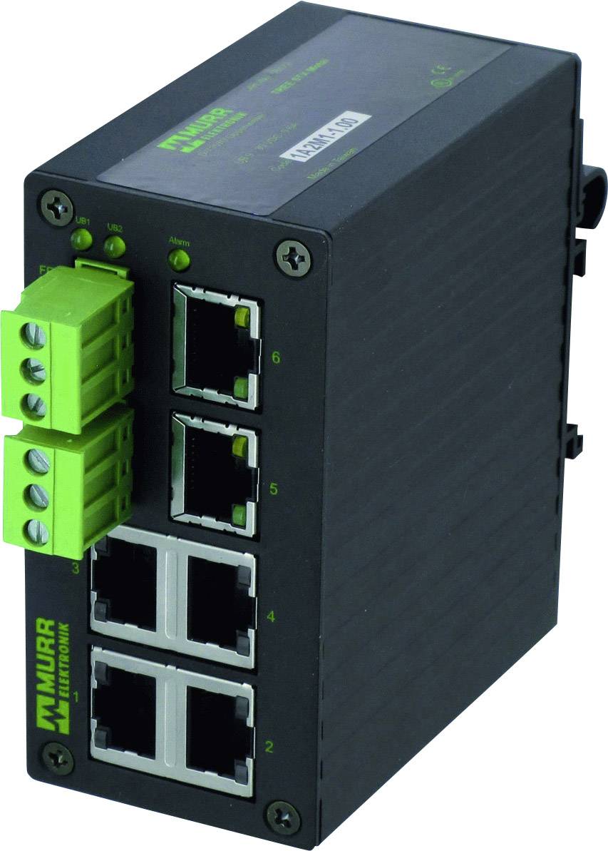 Ein industrieller Ethernet-Switch mit acht RJ45-Anschlüssen und zwei grünen Schraubklemmenanschlüssen, schwarzes Gehäuse.