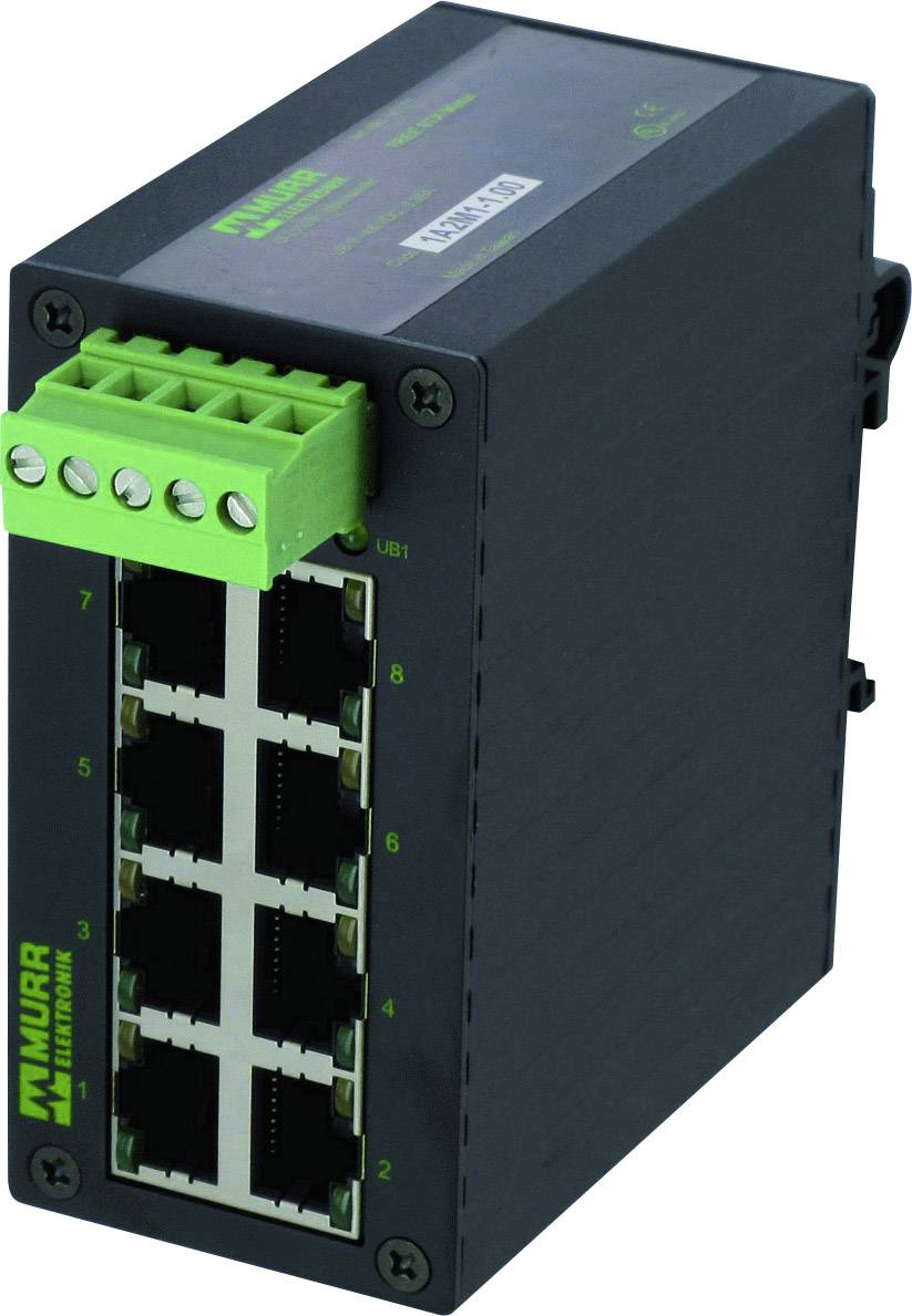 Industrie-Netzwerkswitch mit acht Ethernet-Ports, vertikal ausgerichtet. Markierung 'Murr' auf der Vorderseite, grüne Anschlussbuchse oben.