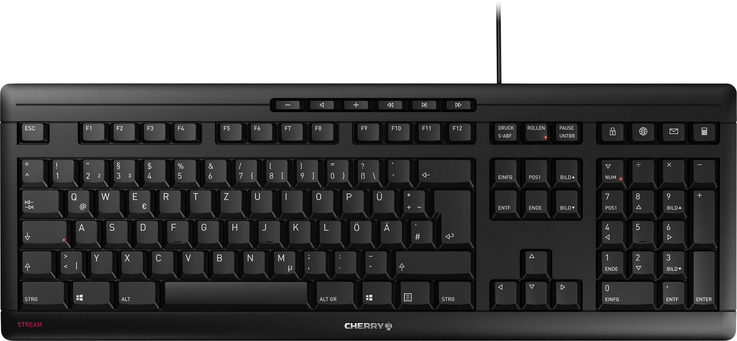 Schwarze Computertastatur mit Kabel. Enthält Standardtastenlayout mit zusätzlichen Funktionstasten oben.