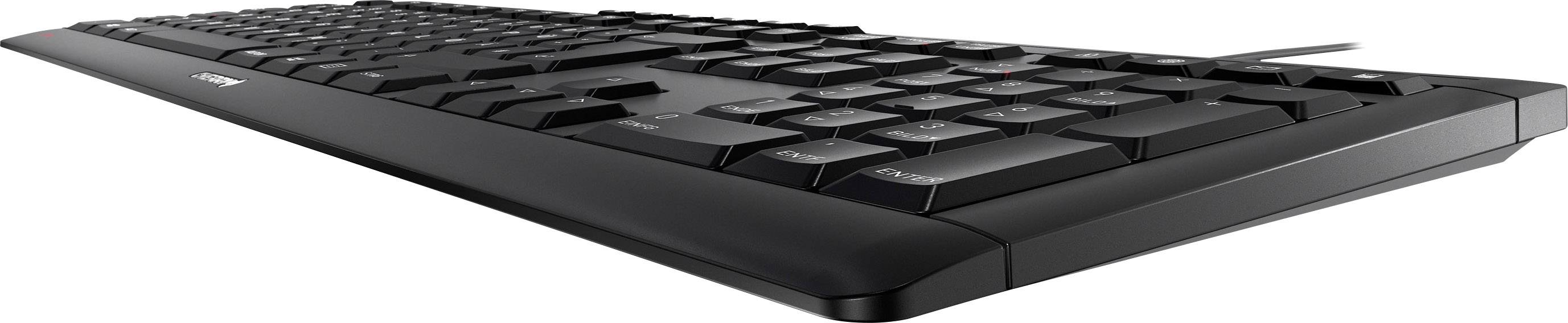Flache, schwarze Computertastatur mit USB-Anschluss. Erhöhte Tasten für komfortables Tippen, im modernen, schlanken Design.