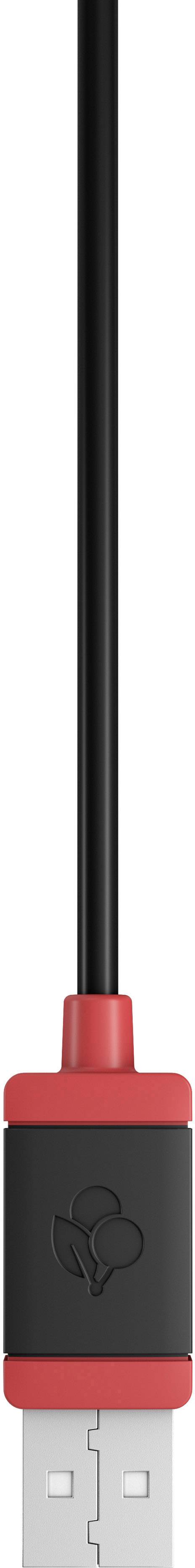 Ein schwarzes USB-Ladekabel mit roter Umrandung und einem Herz-Symbol auf dem Stecker.