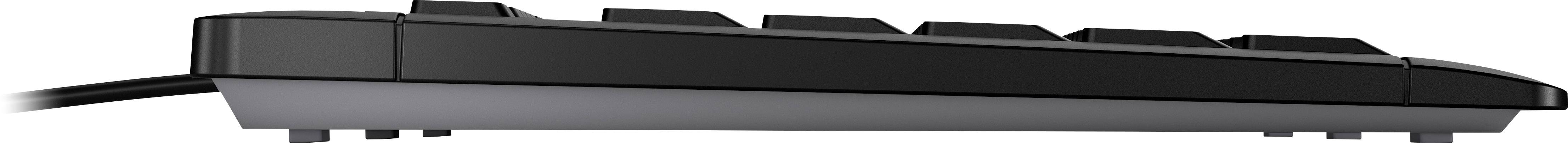Eine seitliche Ansicht einer schwarzen Computertastatur, fokussiert auf die flachen Tasten und das schlanke Design.