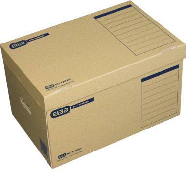 Braune Archivbox aus Pappe mit Bedruckung für Beschriftung. Markenname 'ELBA' sichtbar.