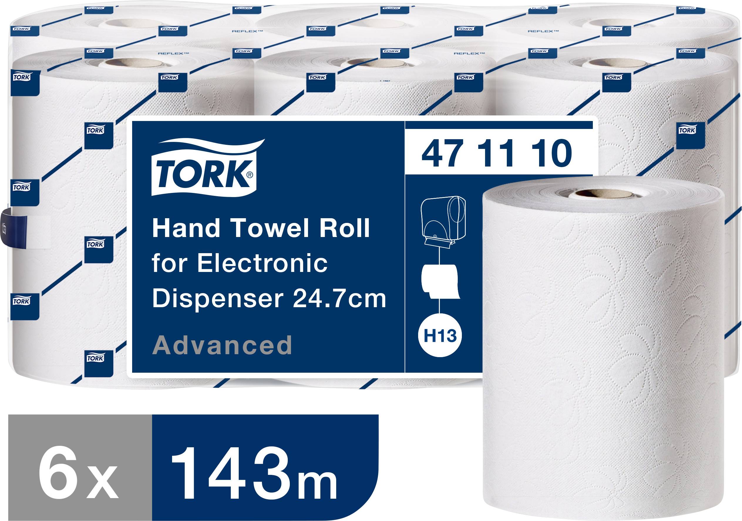 Verpackung mit sechs Rollen Tork Handtuchpapier für elektronische Spender, 143 m pro Rolle, geeignet für H13 Spender.