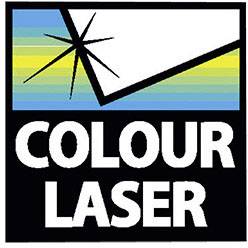 Ein Logo mit den Worten 'COLOUR LASER' darunter, in weißer Schrift auf schwarzem Hintergrund, mit einem stilisierten Lichtblitz und bunten Streifen oben.