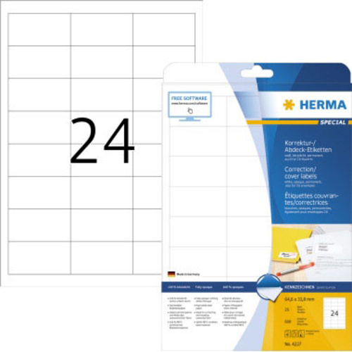 Herma 4227 Korrektur-Etiketten 64.6 x 33.8mm Papier, matt Weiß 600 St. Permanent haftend Laserdrucker, Kopierer, Farblaserdrucker