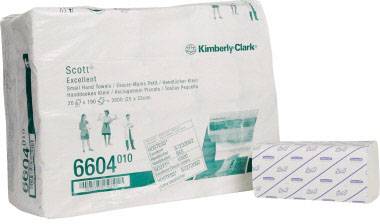 Paket von Kimberly-Clark Scott Handtüchern. Weiße Verpackung mit blauen und grünen Aufdrucken. Enthält kleine, weiße Handtücher.