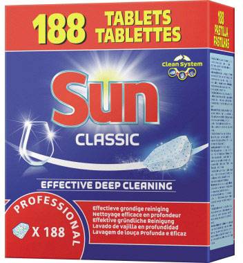 Verpackung von Spülmaschinentabletten 'Sun Classic', 188 Stück. Verspricht effektive Tiefenreinigung. Details in mehreren Sprachen.