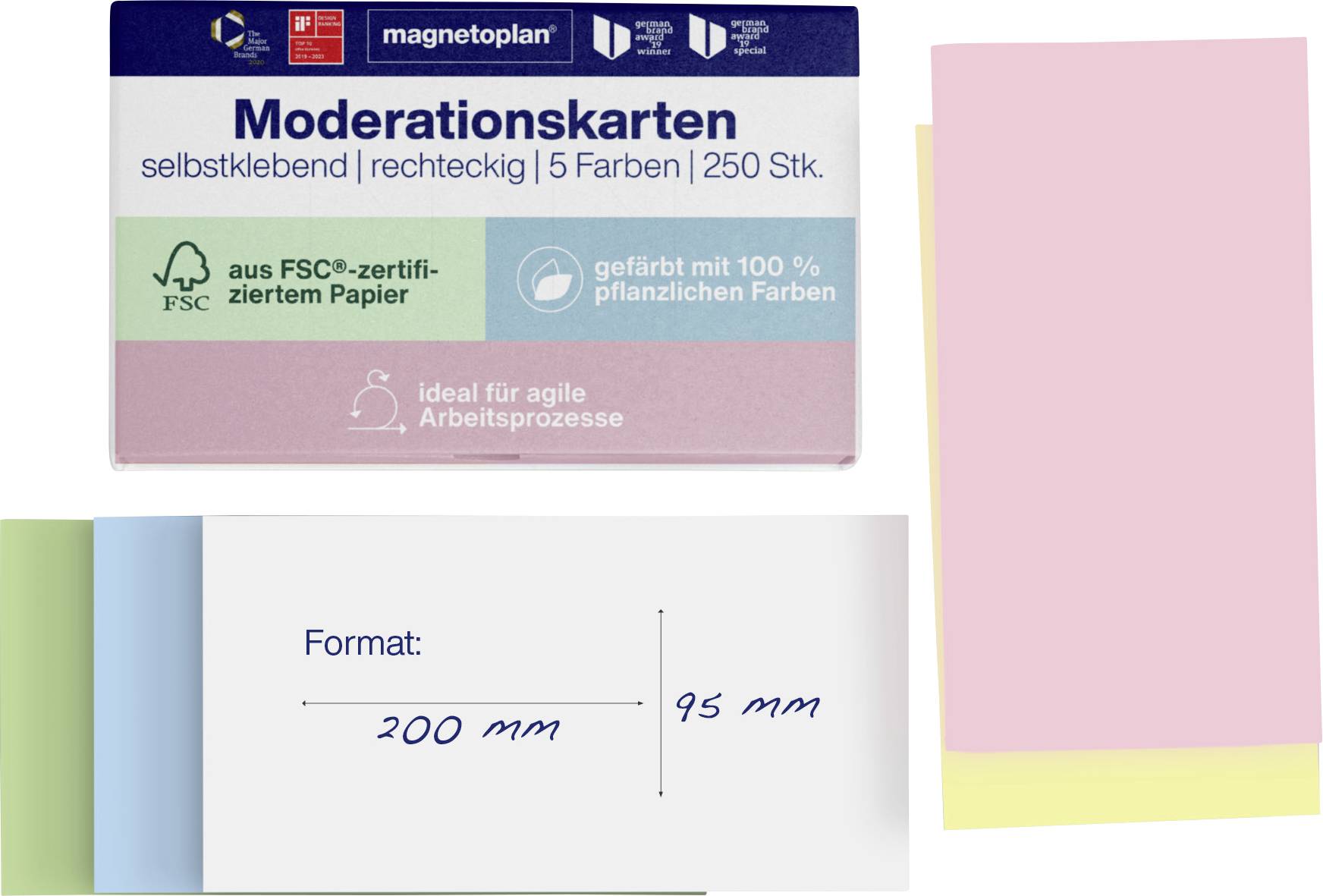 Paket von magnetoplan selbstklebenden Moderationskarten, rechteckig, 5 Farben, 250 Blatt, mit der angegebenen Größe von 200 mm x 95 mm und Muster farbiger Blätter.