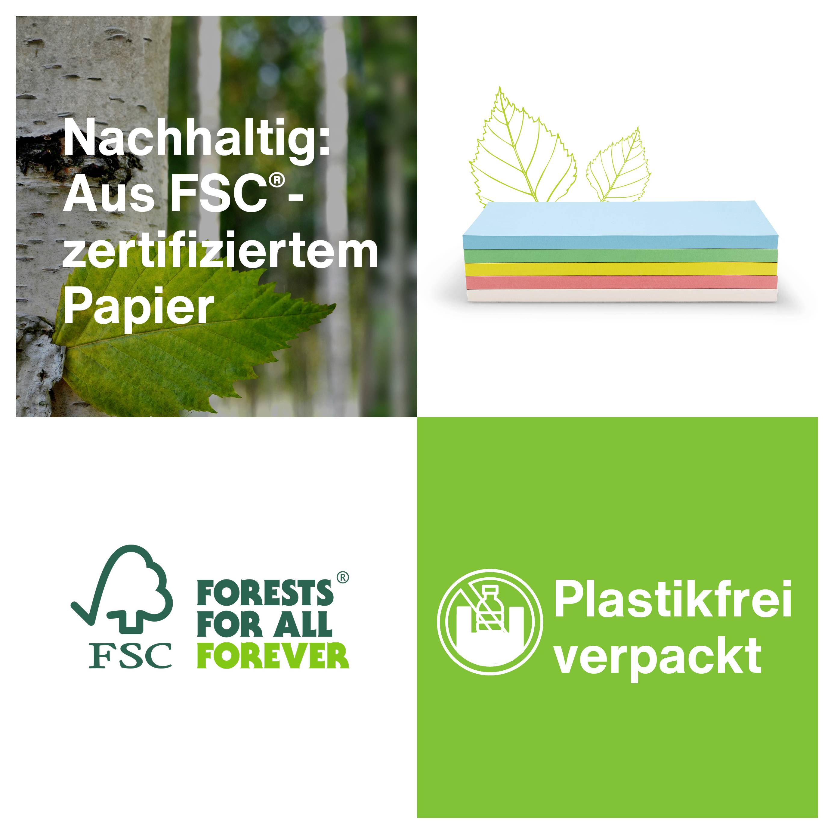 'Nachhaltig: Aus FSC®-zertifiziertem Papier.' Papierstapel in verschiedenen Farben. 'Plastikfrei verpackt.' FSC-Logo und 'Forests For All Forever'.