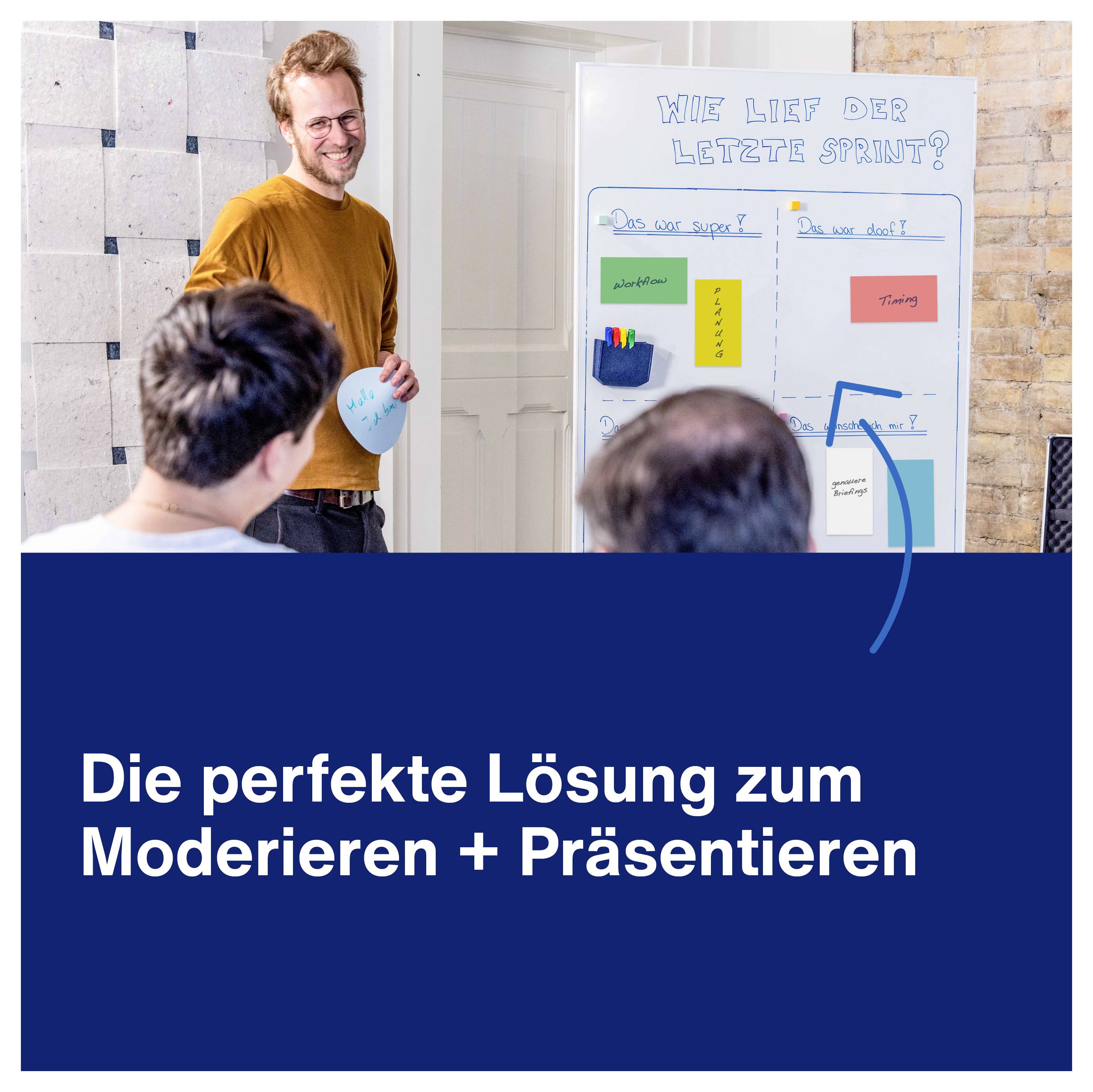 Ein Mann präsentiert vor einem Whiteboard zu den Themen 'Ziele', 'Planung' und 'Fortschritt' in einem Teammeeting.