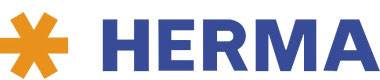 Logo der Firma HERMA: Ein orangefarbenes Sternsymbol links neben dem blauen Wort 'HERMA'.