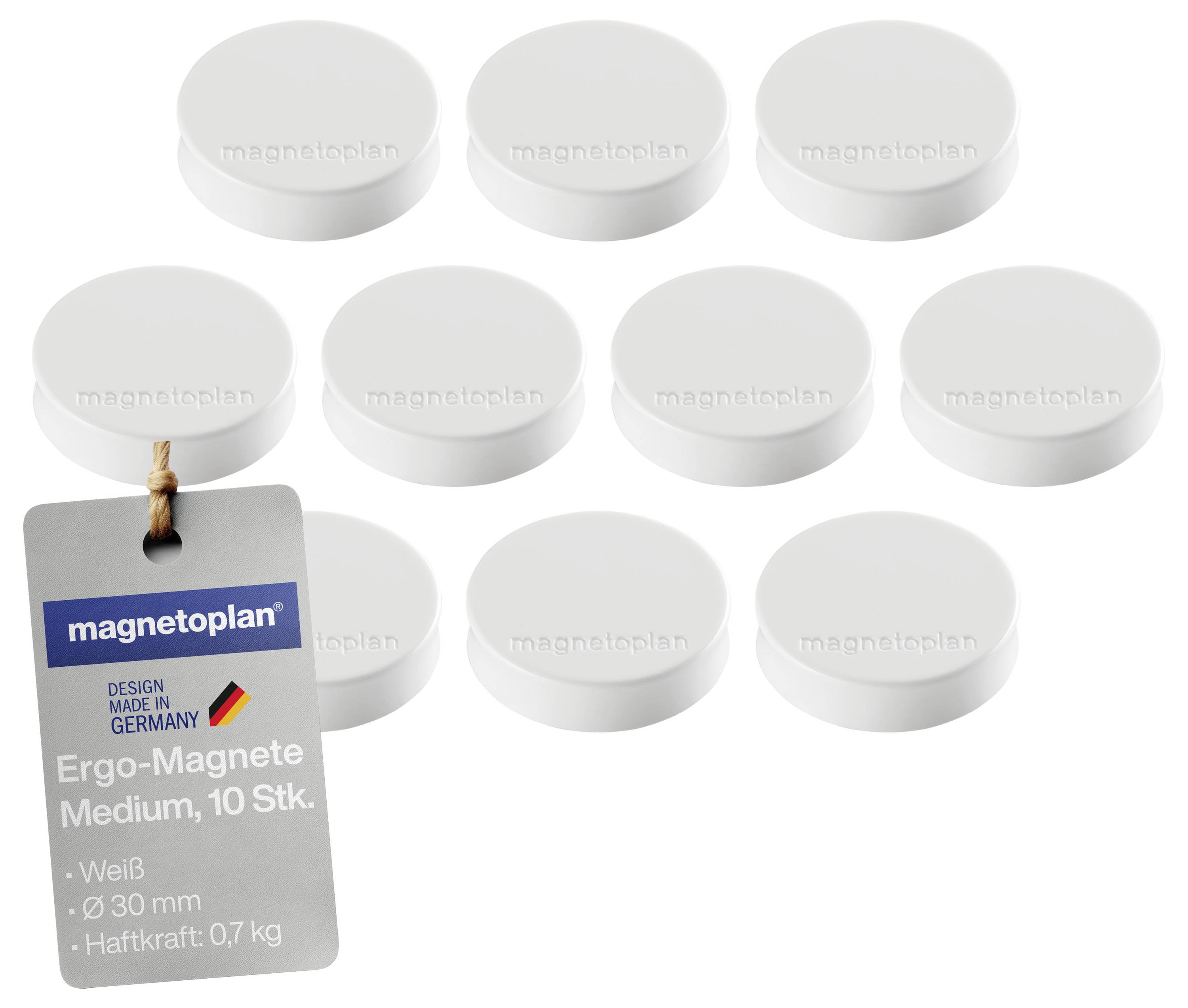 Zehn runde, weiße Magnete mit einem Etikett mit der Aufschrift 'Ergo-Magnete Medium, 10 Stk.' und Designinformationen.