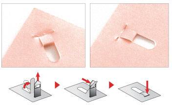 Zwei Abbildungen zeigen, wie ein Laschenverschluss angebracht wird. Unten sind drei Piktogramme mit Anweisungen zum Verschließen.