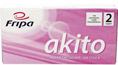 Eine Packung 'Fripa akito' Kosmetiktücher, 100 Stück, 2 Lagen, in rosa Verpackung mit weißer und schwarzer Textaufschrift.