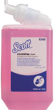 Ein rosa Flüssigseifenspender mit der Aufschrift 'Scott Essential Foam' für den täglichen Gebrauch. Enthält 1000 ml.