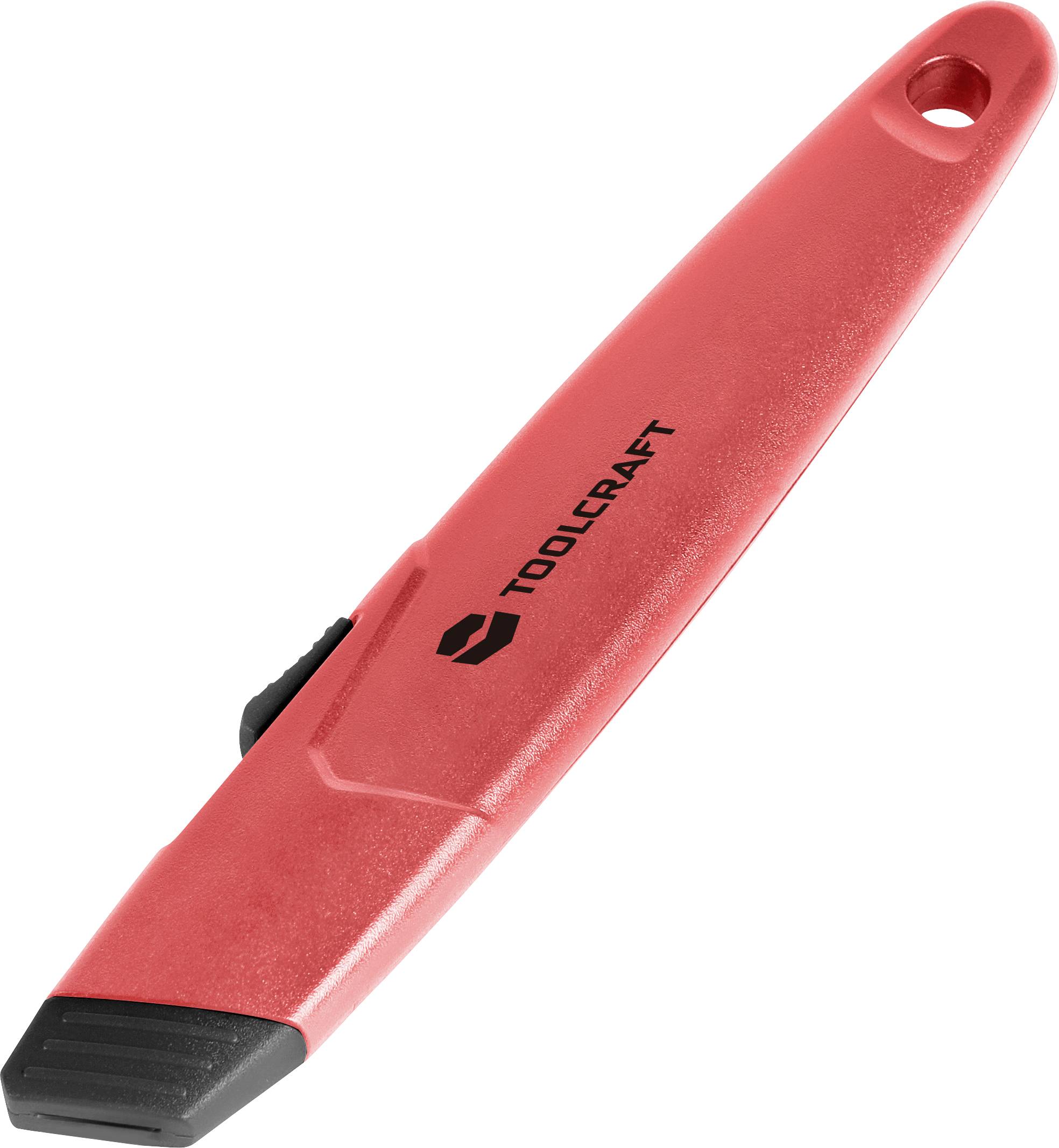 Rotes Sicherheitsmesser mit schwarzem Klingenschutz, ergonomischem Griff und der Aufschrift 'TOOLCRAFT'.