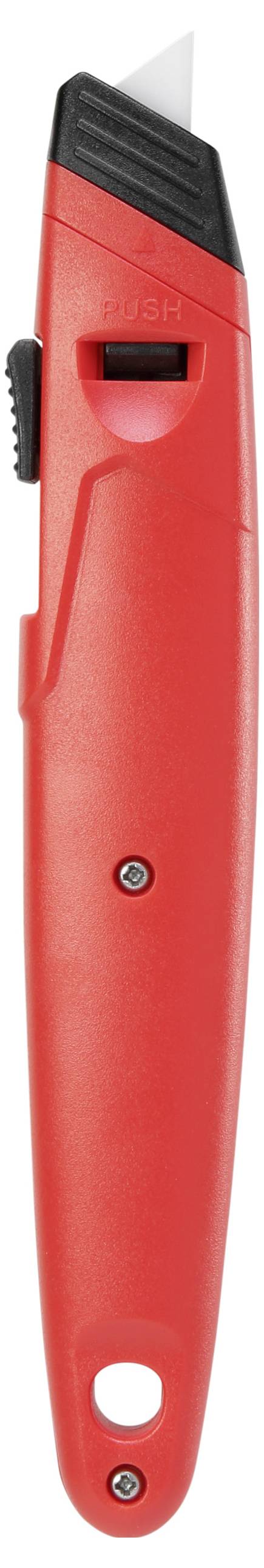 Rotes Universalmesser mit schwarzer Klinge, ergonomischem Griff und Klingenschutz, geeignet für handwerkliche Arbeiten.