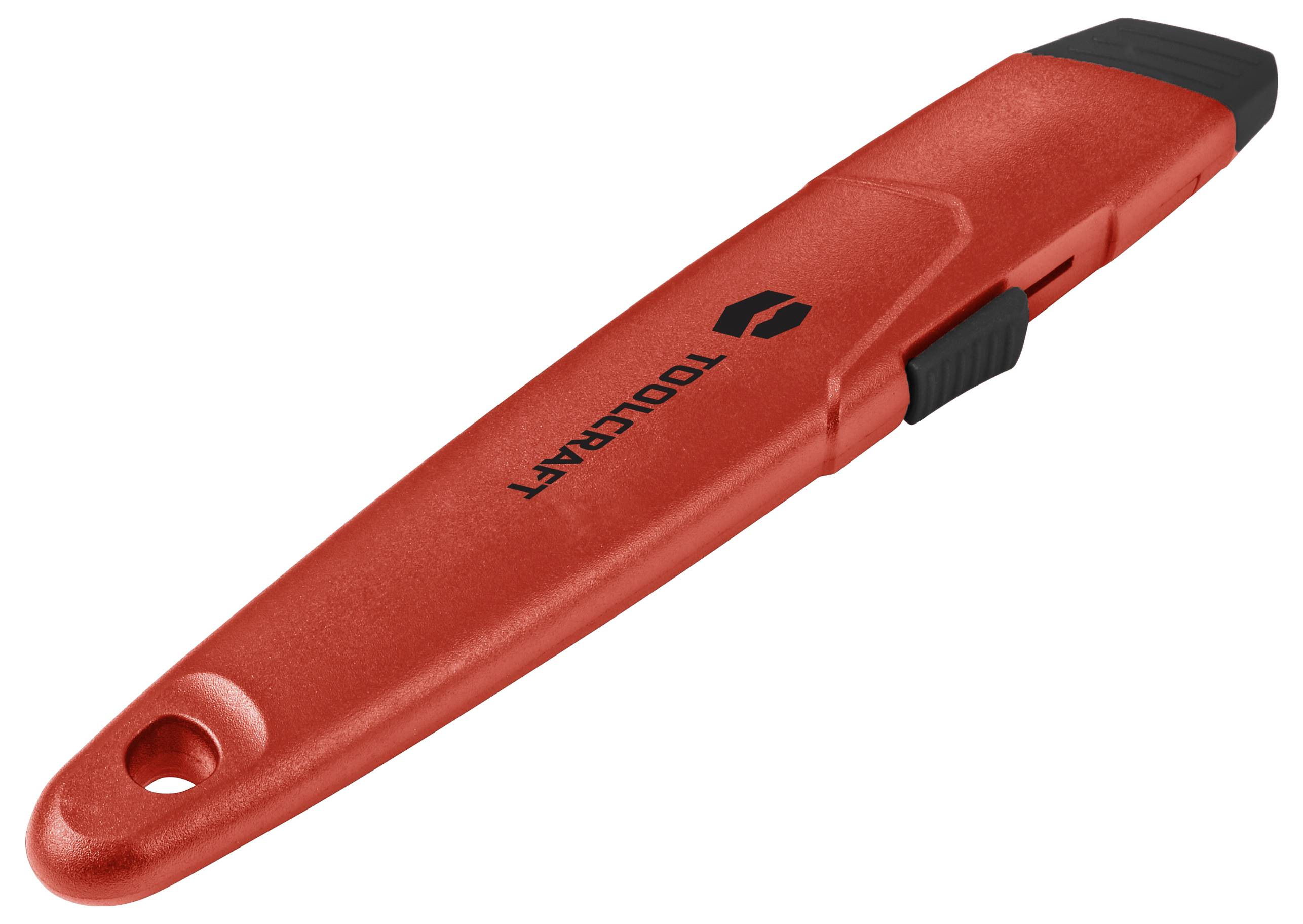 Rotes Sicherheitsmesser mit schwarzem Schieber und Loch am Griffende, mit Aufschrift 'TOOLCRAFT' auf der Seite, für Schneidezwecke.