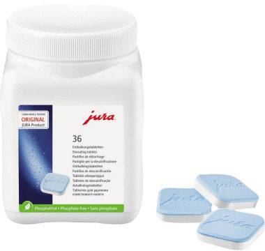 Ein weißer Behälter mit der Aufschrift 'jura' enthält 36 blaue Entkalkungstabletten. Drei Tabletten sind neben dem Behälter sichtbar.