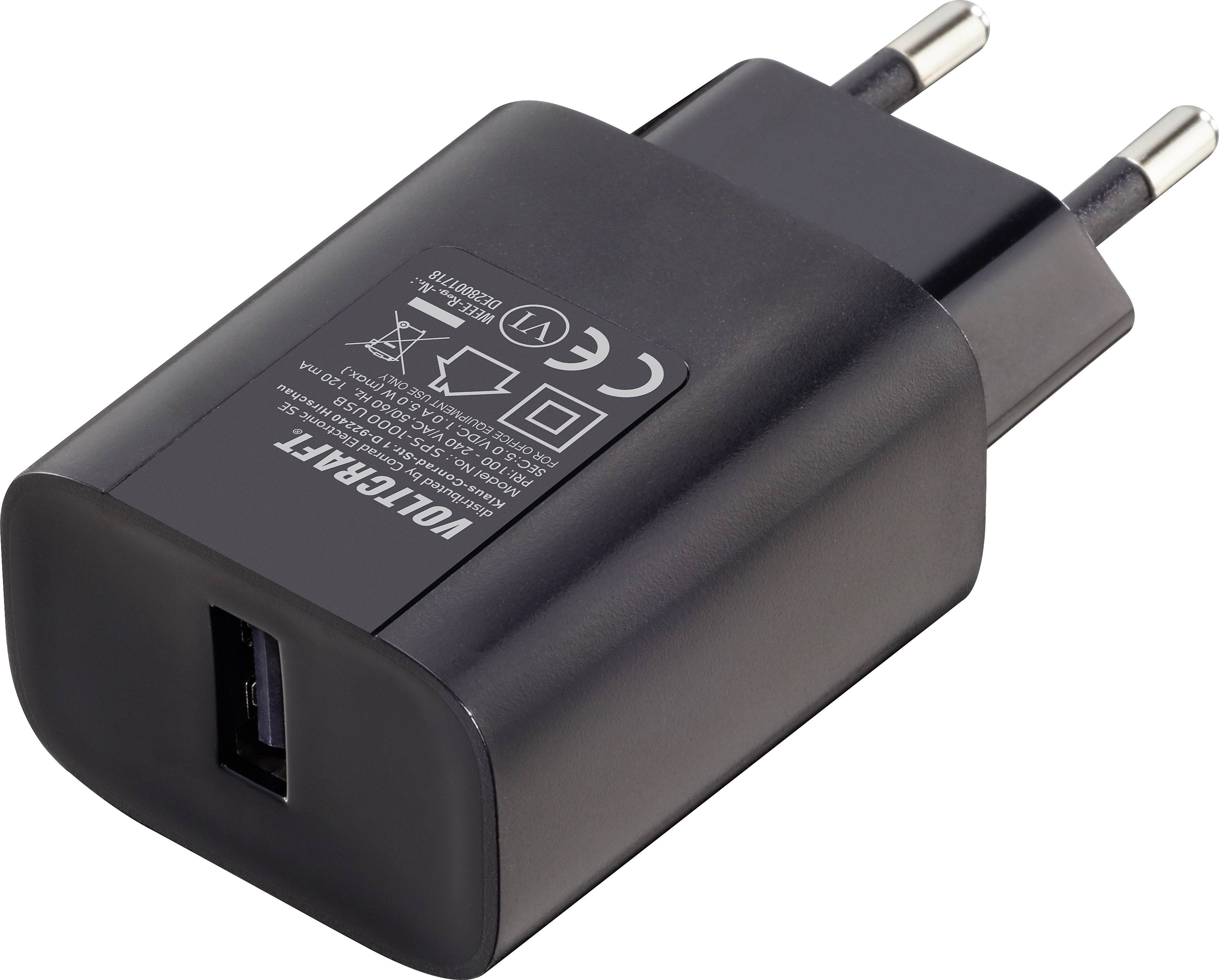 Ein schwarzes USB-Ladegerät mit einem USB-Anschluss und europäischem Stecker, geeignet zum Aufladen von elektronischen Geräten.