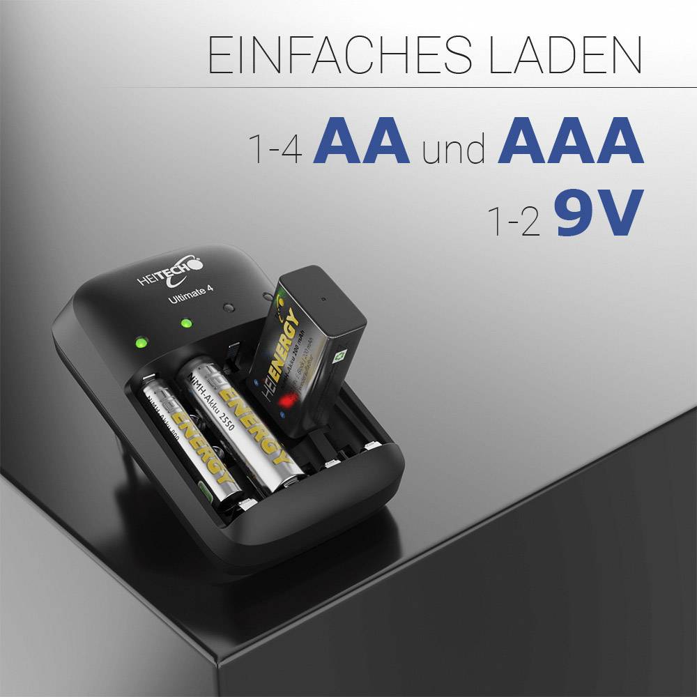 Heitech Ultimate 4 Rundzellen-Ladegerät NiMH, NiCd 9 V Block, Micro (AAA), Mignon (AA)
