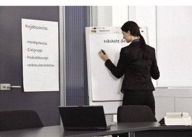 Frau schreibt auf ein Flipchart in einem Büro. An der Wand hängt ein Blatt mit Projektschritten wie 'Marktpotential' und 'Zielgruppe'.