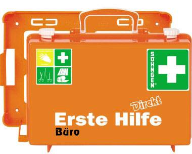 Orangefarbener Erste-Hilfe-Kasten mit grünem Kreuz und Symbolen für Verbandmittel, Schere und Hand. Aufschrift: 'Erste Hilfe Büro'.