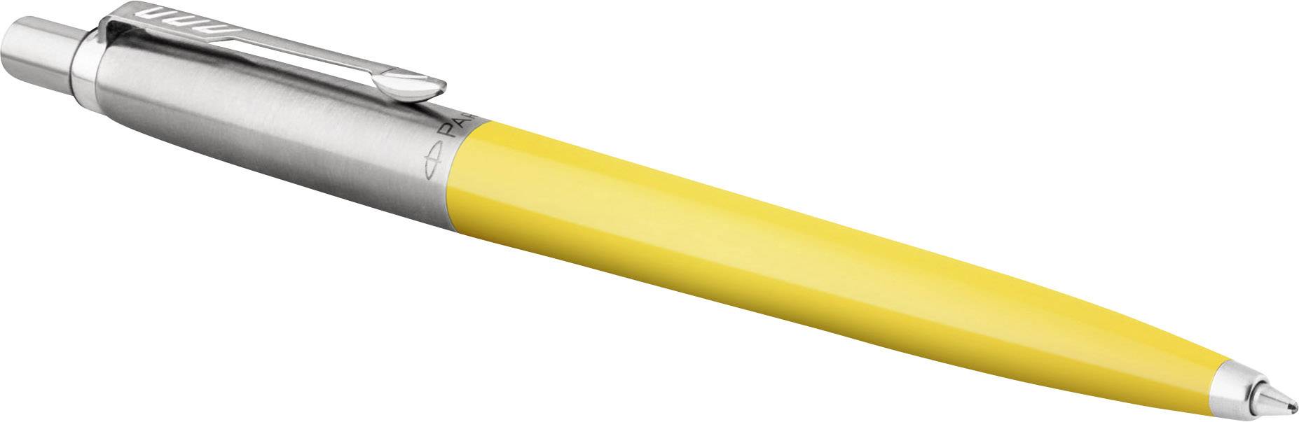 Gelber Kugelschreiber mit silbernem Clip und Druckknopfmechanismus.