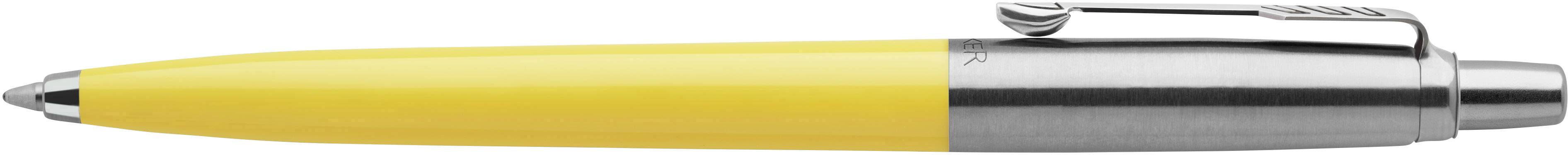 Gelber Kugelschreiber mit silberner Spitze und Clip, horizontal positioniert.