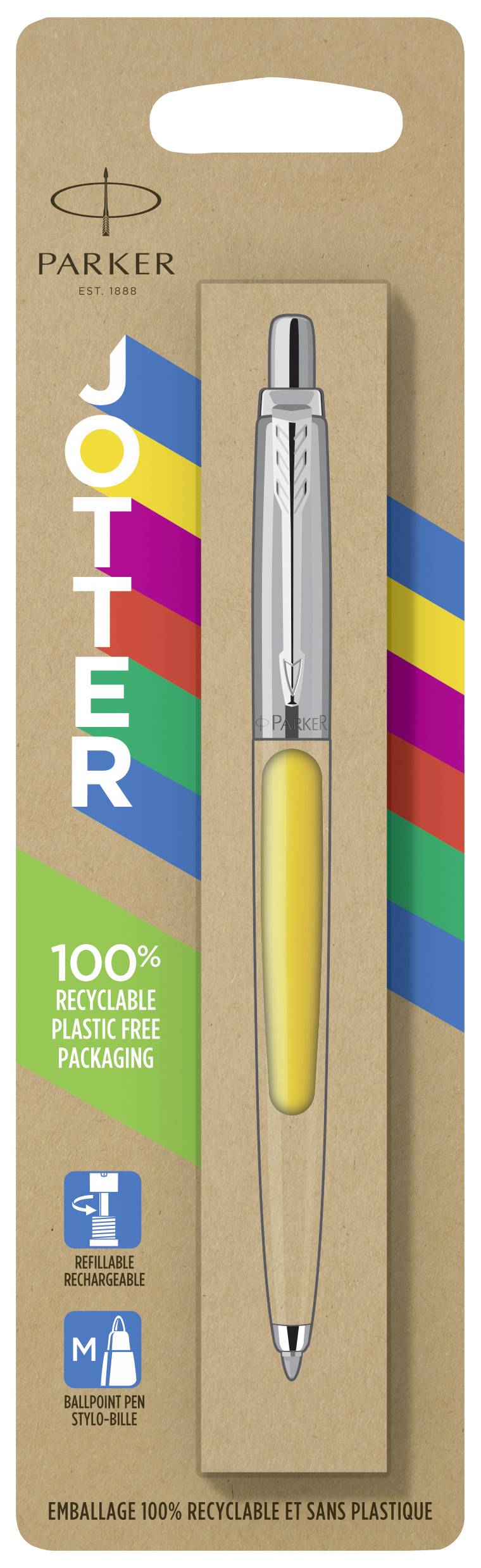 'Parker Jotter'-Kugelschreiber in einer recycelbaren, plastikfreien Verpackung mit mehrfarbigem Design und gelber Griffzone.