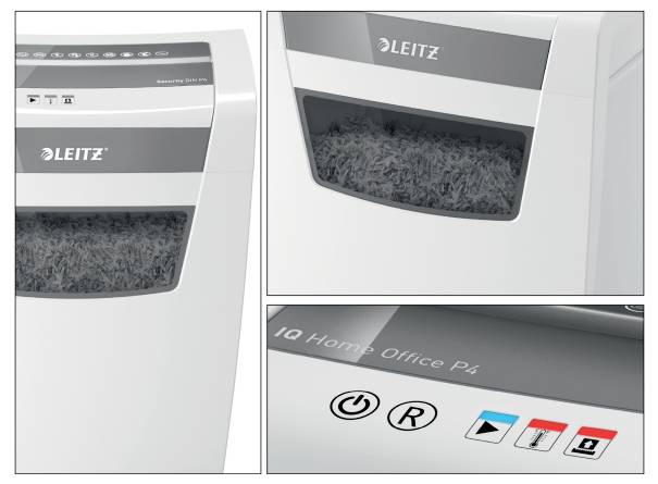 'Leitz Aktenvernichter' mit vollem Auffangbehälter. Bedienfeld zeigt Ein-/Ausschalten, Rücklauf und Sicherheitsstufe P4.
