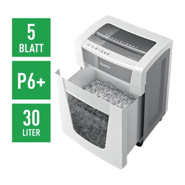 Papierschredder von Leitz mit Auffangbehälter. Zerkleinert bis zu 5 Blatt, Sicherheitsstufe P6+, Auffangvolumen 30 Liter.
