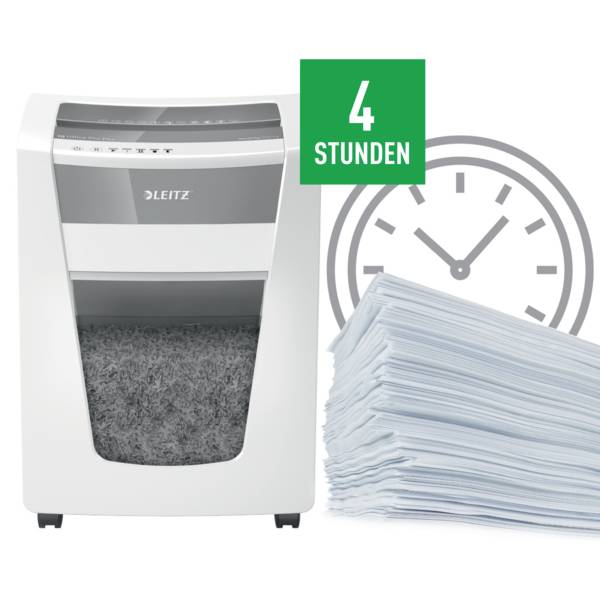 Ein Aktenvernichter mit einem Stapel geschreddertem Papier und einer Grafik einer Uhr, die 4 Stunden Betriebszeit anzeigt.