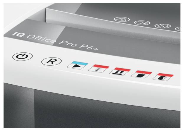 Ein Aktenvernichter mit Bedienfeld, zeigt verschiedene Symbole für Strom, Richtung und Papierstatus. Aufschrift: 'Office Pro P6+'.