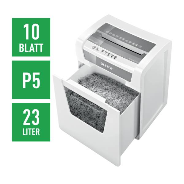 Aktenvernichter von Leitz, Modell für 10 Blätter, Sicherheitsstufe P5, mit 23-Liter-Behälter, in geöffnetem Zustand sichtbar.