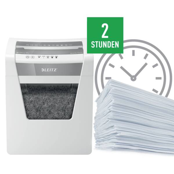 Aktenvernichter neben einem Stapel Papier und einem Uhrensymbol mit der Aufschrift '2 Stunden', was die Laufzeit anzeigt.