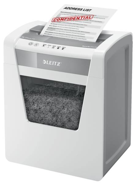 'Ein weißer Aktenvernichter zerschneidet ein Papier mit rotem 'CONFIDENTIAL'-Stempel und 'Address List' Überschrift.'