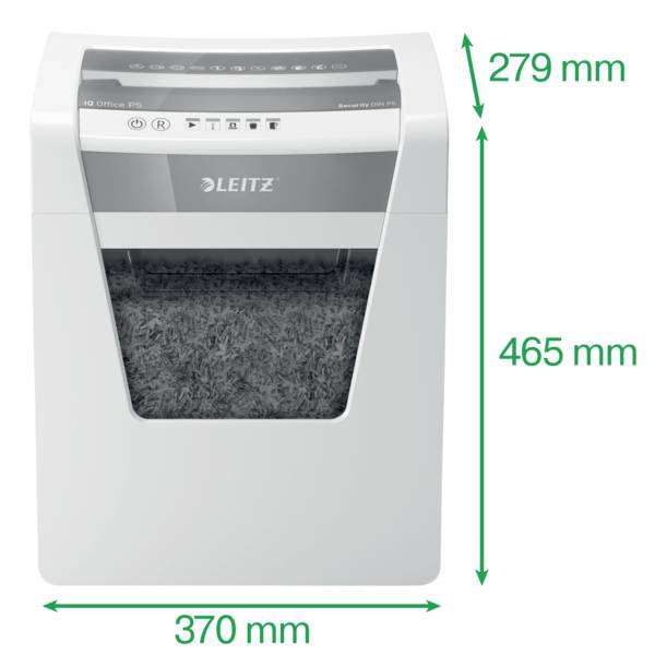 Ein weißer Aktenvernichter von Leitz mit den Maßen: Breite 370 mm, Höhe 465 mm, Tiefe 279 mm. Geeignet zum Zerkleinern von Dokumenten.