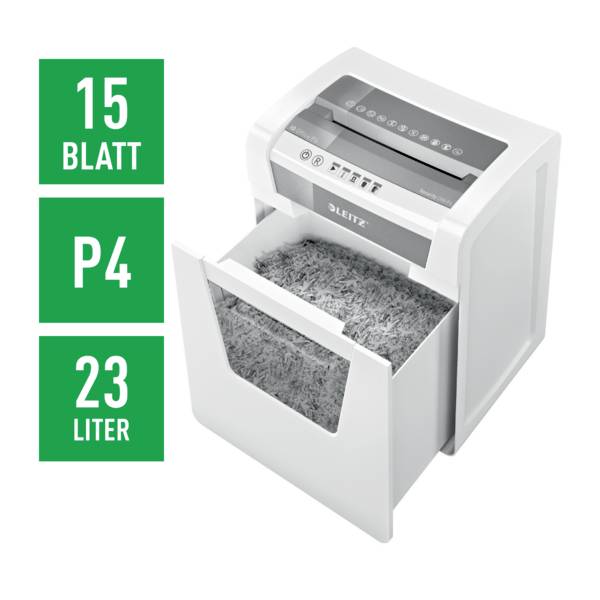 Aktenvernichter von Leitz, offene Papierbehälter zeigt geschreddertes Papier. Text links: '15 Blatt', 'P4', '23 Liter'.