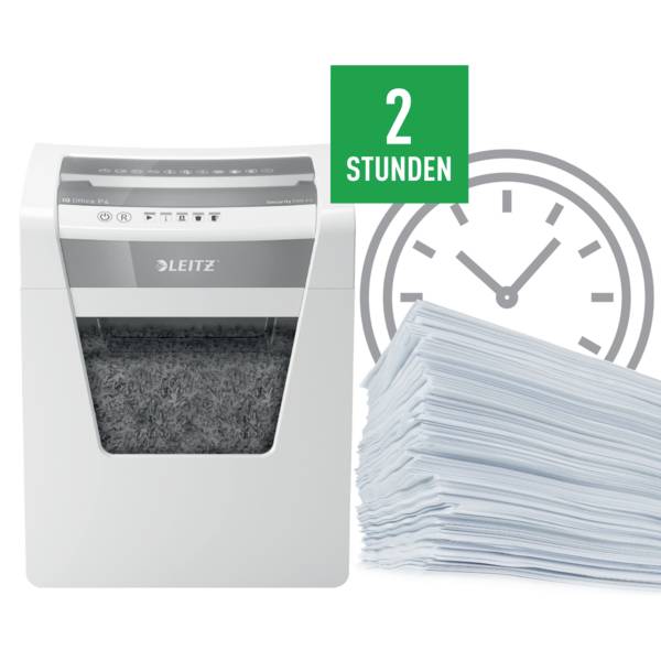 Ein Aktenvernichter mit einem Stapel geschredderten Papiers und einer Anzeige '2 Stunden'. Uhr im Hintergrund zeigt Zeitersparnis.