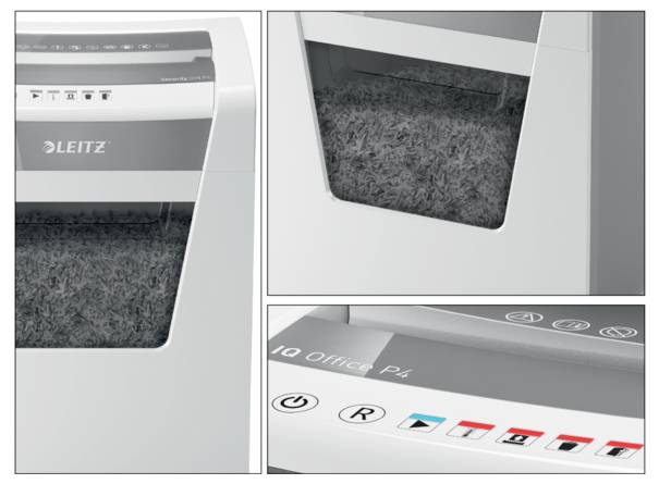 Elektrischer Aktenvernichter mit Bedienfeld und Sicherheitsmerkmalen; zerkleinerte Papierstücke im Auffangbehälter sichtbar.