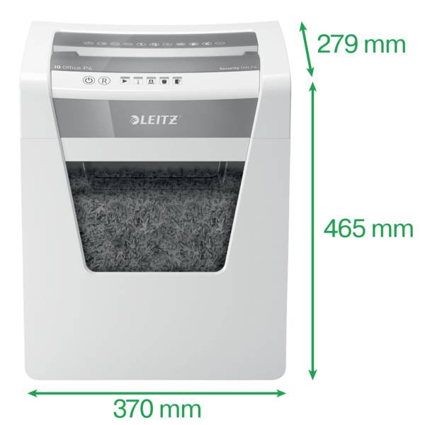 'Leitz' Papiervernichter, Maße: 279 mm Breite, 370 mm Tiefe, 465 mm Höhe. Geeignet für den Bürogebrauch.