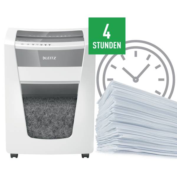 Aktenvernichter mit großer Papierstapel daneben, im Hintergrund ein Uhrsymbol mit grünem Schild '4 Stunden'.