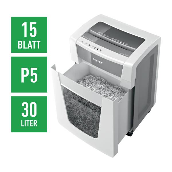 Leitz IQ Office Pro P5 Aktenvernichter 10 Blatt Partikelschnitt 2 x 15mm P-5 30l Vernichtet auch Heftklammern, Büroklammern