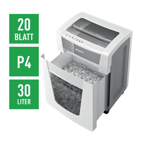 Leitz Aktenvernichter mit 20 Blatt Kapazität, Sicherheitsstufe P4, und 30 Liter Auffangbehälter, geeignet für Büroanwendungen.