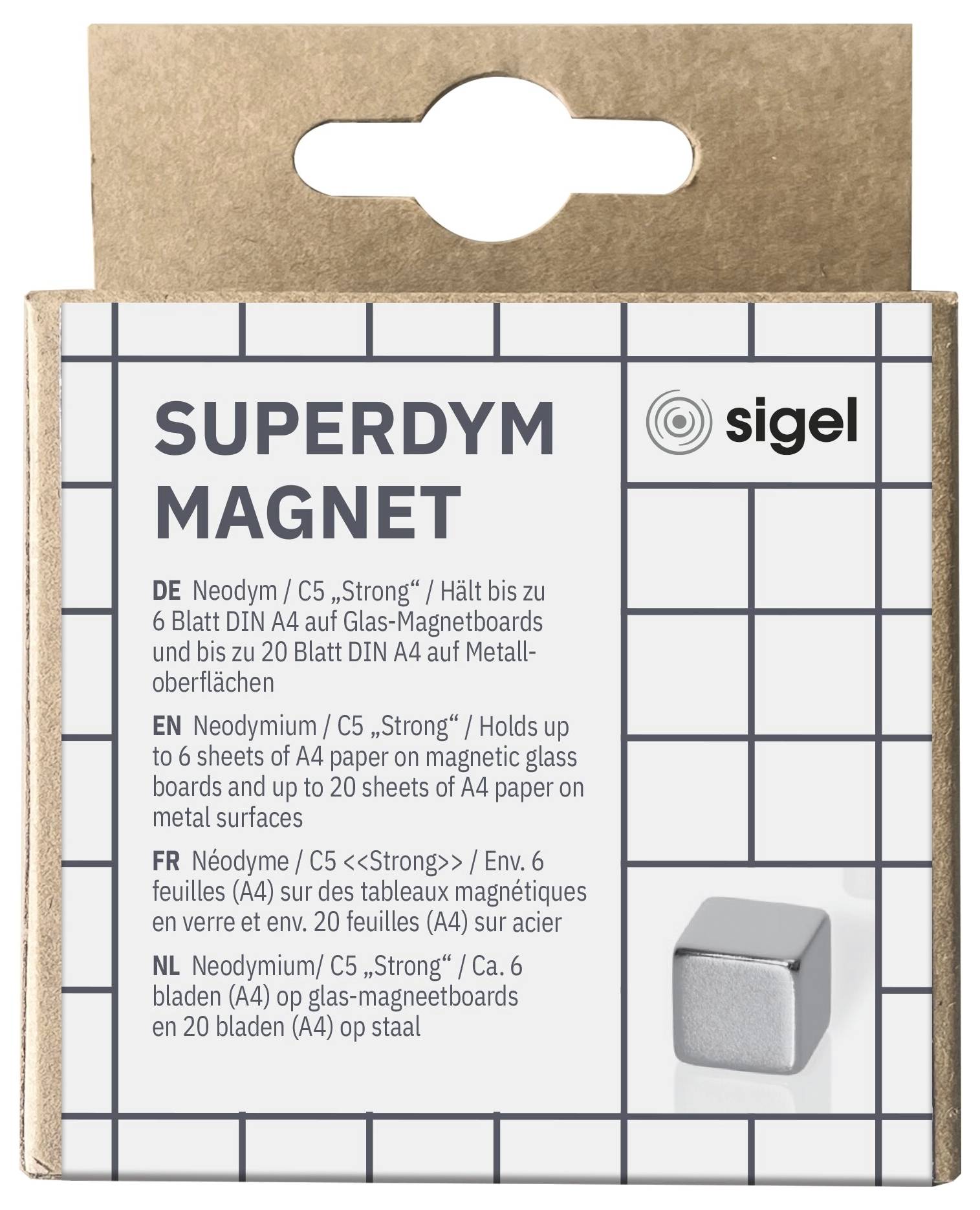 Packung Sigel 'SUPERDYM MAGNET' Neodym-Magnete, mehrsprachig gekennzeichnet, mit einem kleinen grauen Würfelmagneten auf der Vorderseite abgebildet.