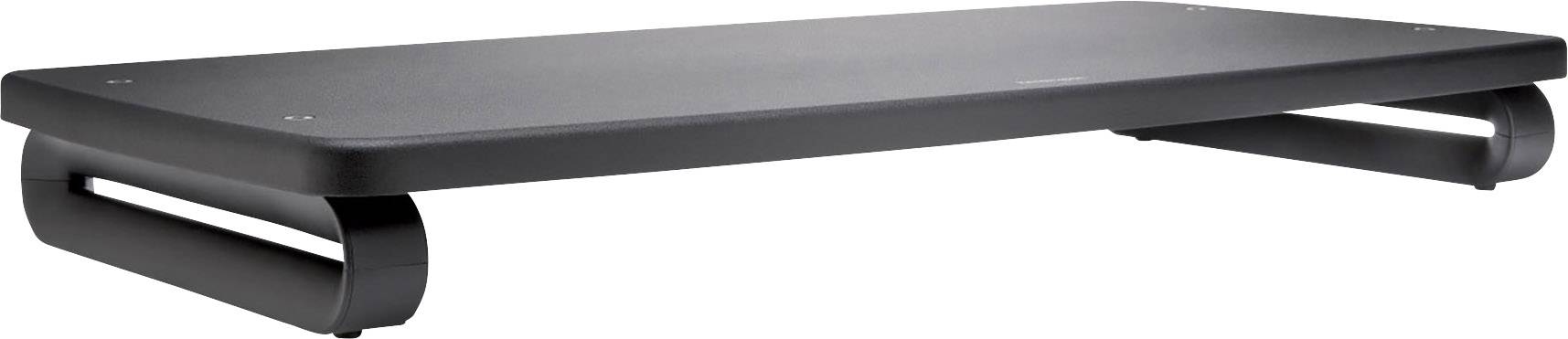 Ein schwarzer Monitorständer aus Metall mit modernem Design, ideal zum Erhöhen eines Computermonitors auf einem Schreibtisch.