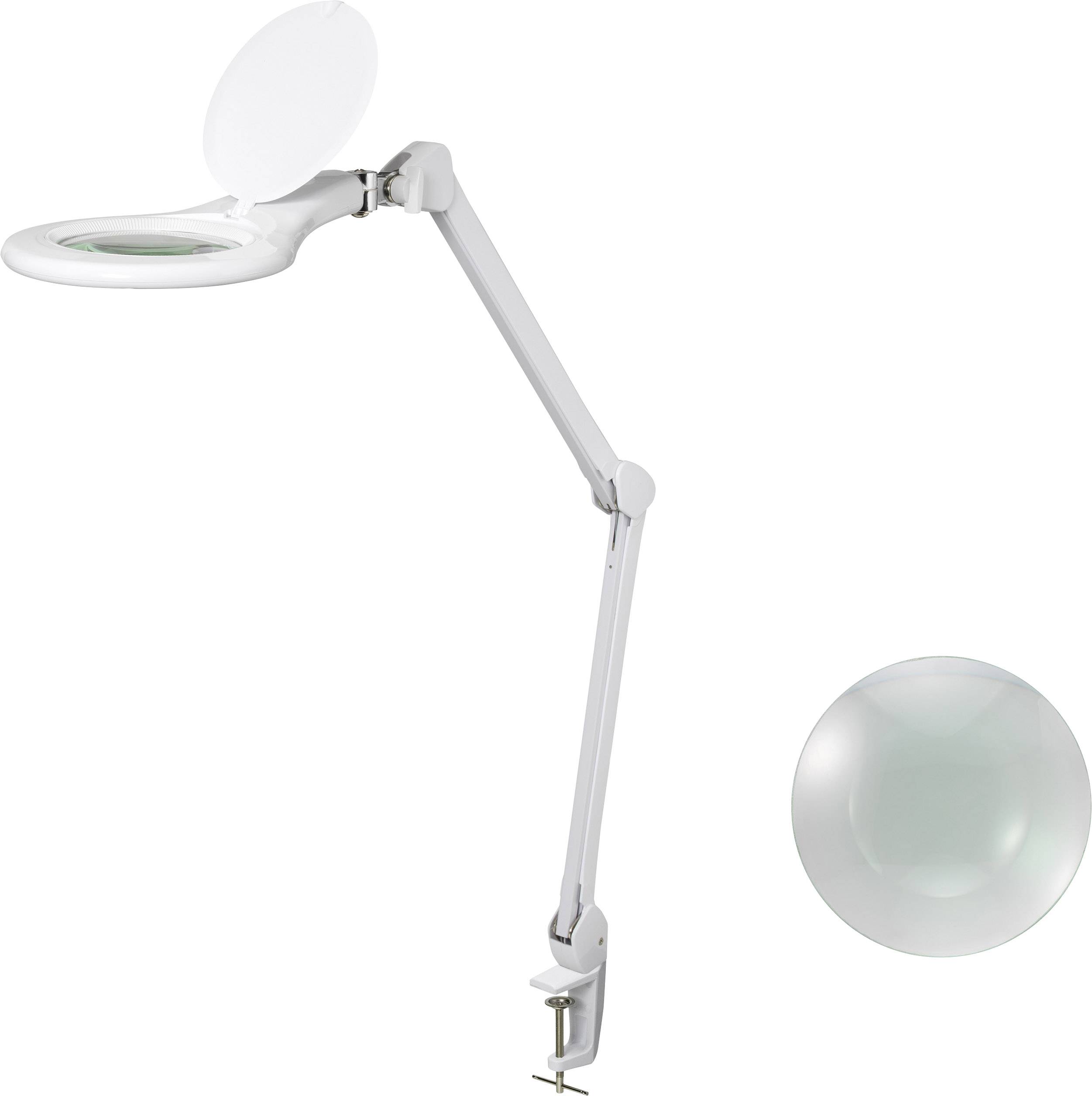 Eine weiße LED-Lupenleuchte mit verstellbarem Arm und Klemme zur Befestigung, daneben eine Nahaufnahme der Linse.